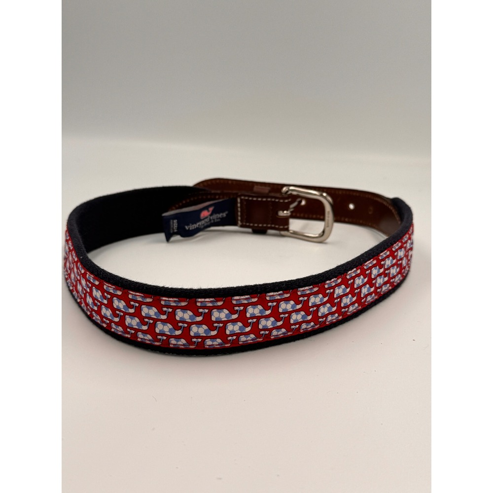Vineyard Vines Boys Size 24 Red Whale Canvas Club Belt Leather Tabs Made in USA